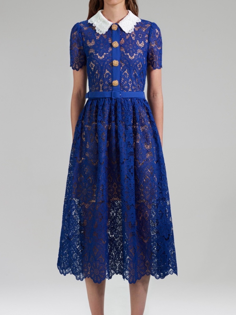 Self-Portrait 0 Navy Guipure Lace Midi Dress Contrast Collar Preppy Party *READ*